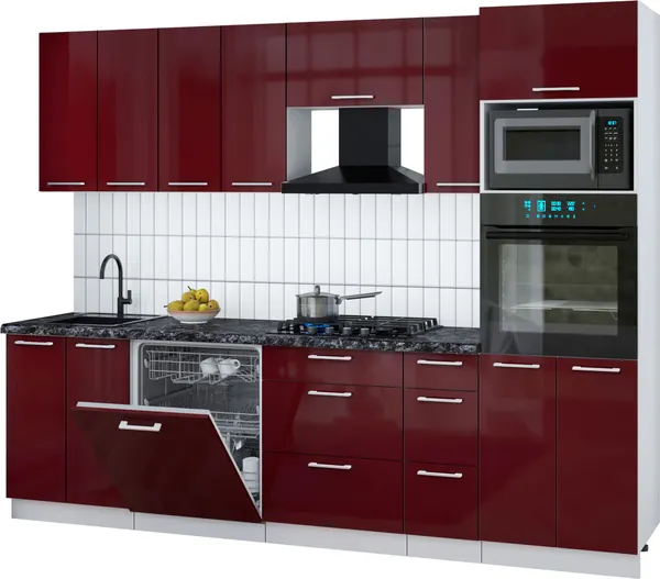 Изображение товара Кухонный гарнитур Interline Мила Gloss 2.7-ПМ1 (бордовый глянец/бордовый глянец/кастилло темный)