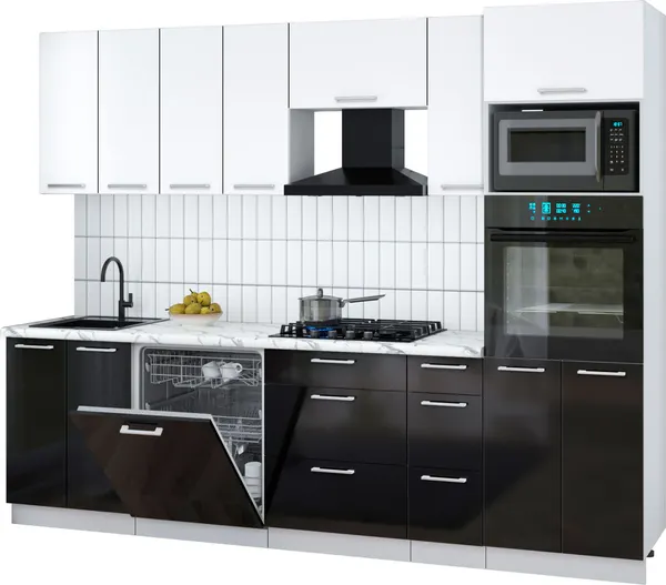 Изображение товара Кухонный гарнитур Interline Мила Gloss 2.7-ПМ1 (черный глянец/белый/белый гранит)