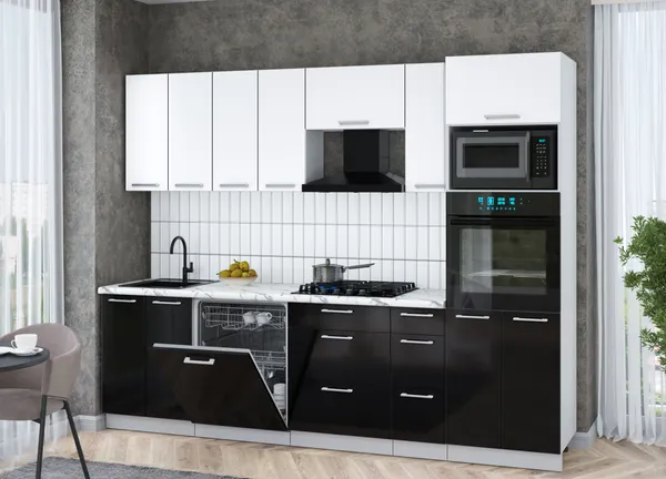 Изображение товара Кухонный гарнитур Interline Мила Gloss 2.7-ПМ1 (черный глянец/белый/белый гранит)