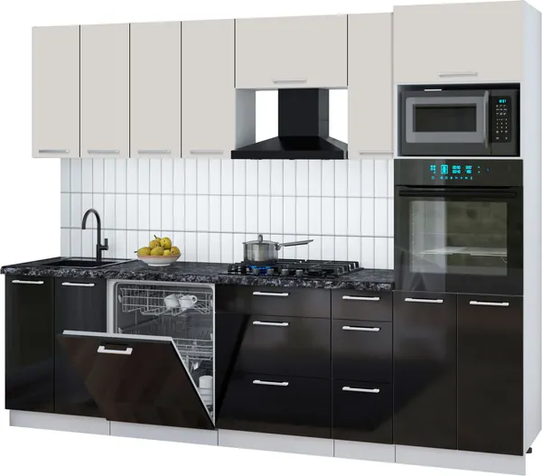 Изображение товара Кухонный гарнитур Interline Мила Gloss 2.7-ПМ1 (черный глянец/кашемир/кастилло темный)