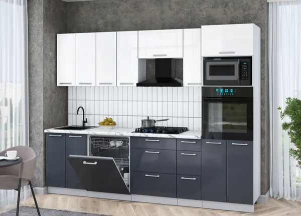 Изображение товара Кухонный гарнитур Interline Мила Gloss 2.7-ПМ1 (асфальт глянец/белый глянец/белый гранит)