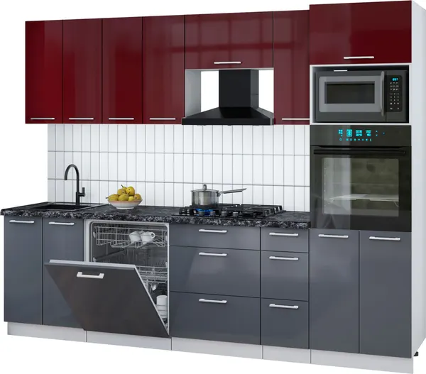 Изображение товара Кухонный гарнитур Interline Мила Gloss 2.7-ПМ1 (асфальт глянец/бордовый глянец/кастилло темный)