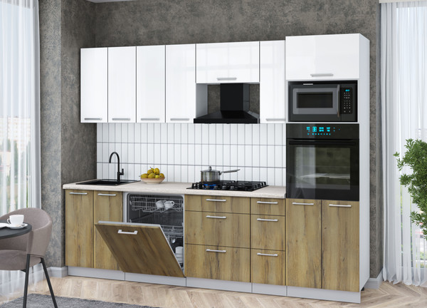 Изображение товара Кухонный гарнитур Интерлиния Мила Gloss 2.7-ПМ1 (дуб вотан/белый глянец/травертин серый)