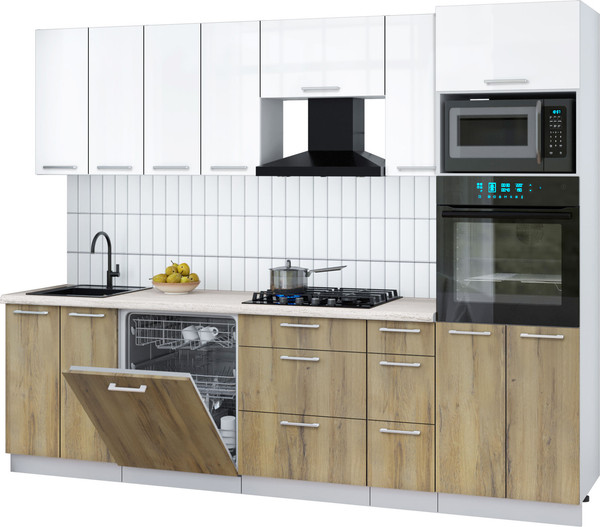 Изображение товара Кухонный гарнитур Интерлиния Мила Gloss 2.7-ПМ1 (дуб вотан/белый глянец/травертин серый)