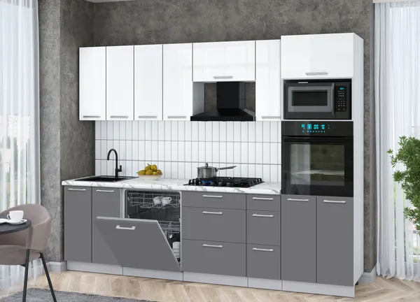 Изображение товара Кухонный гарнитур Interline Мила Gloss 2.7-ПМ1 (пепел/белый глянец/серый каспий)