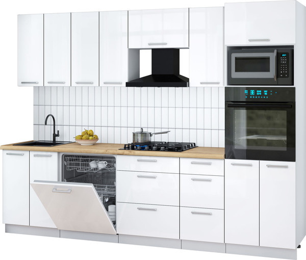 Изображение товара Кухонный гарнитур Интерлиния Мила Gloss 2.8-ПМ1 (белый глянец/белый глянец/дуб бунратти)