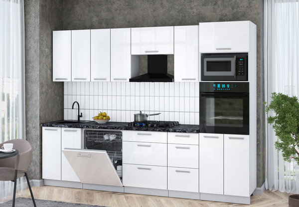 Изображение товара Кухонный гарнитур Интерлиния Мила Gloss 2.8-ПМ1 (белый глянец/белый глянец/кастилло темный)