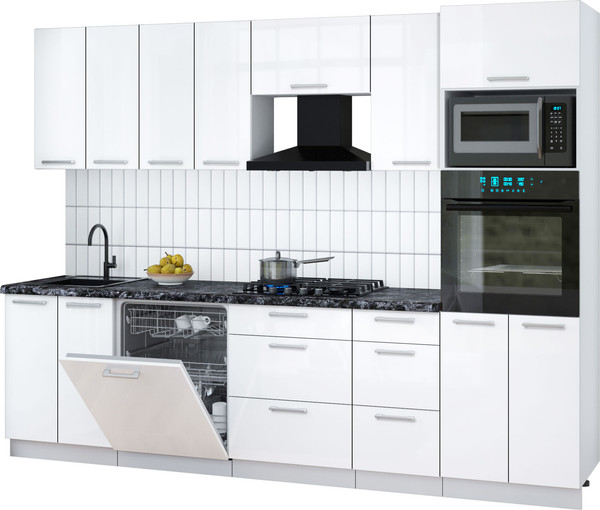 Изображение товара Кухонный гарнитур Интерлиния Мила Gloss 2.8-ПМ1 (белый глянец/белый глянец/кастилло темный)