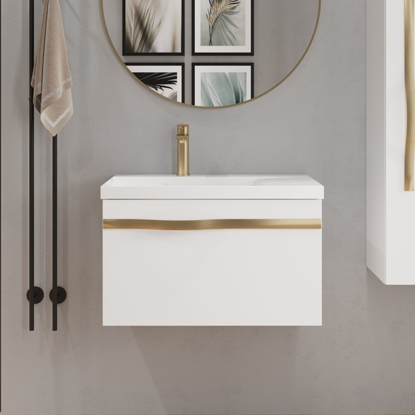 Изображение товара Тумба с умывальником Lauter Eva 69 (белый глянец/матовая золотая сталь/искусственный мрамор)