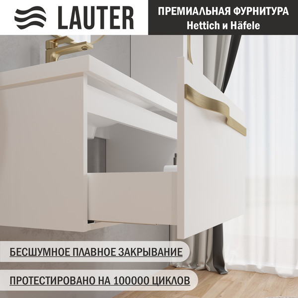 Изображение товара Тумба с умывальником Lauter Eva 69 (белый глянец/матовая золотая сталь/искусственный мрамор)