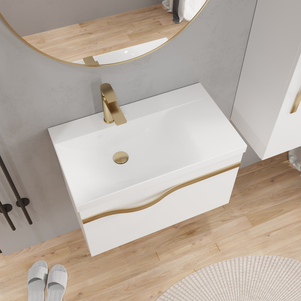 Изображение товара Тумба с умывальником Lauter Eva 69 (белый глянец/матовая золотая сталь/искусственный мрамор)