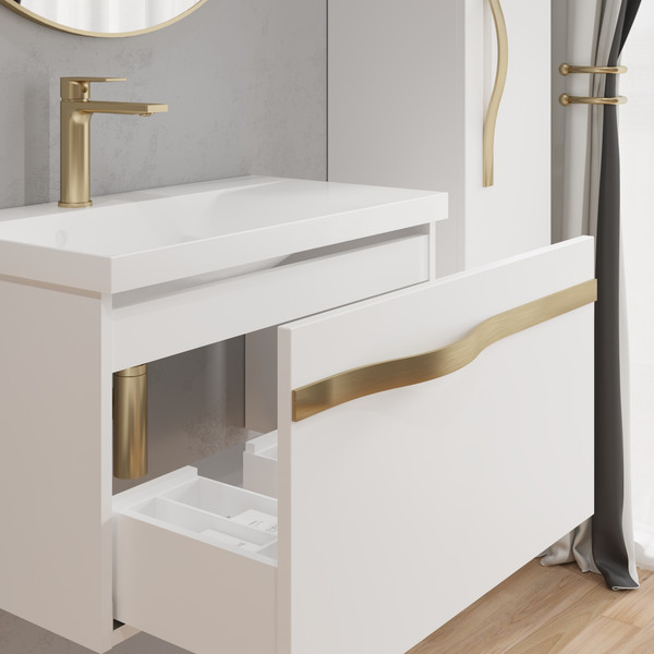 Изображение товара Тумба с умывальником Lauter Eva 69 (белый глянец/матовая золотая сталь/искусственный мрамор)
