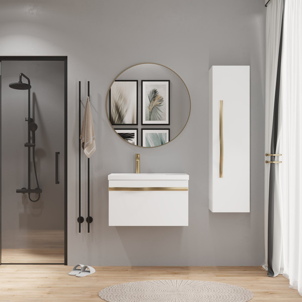 Изображение товара Тумба с умывальником Lauter Eva 69 (белый глянец/матовая золотая сталь/искусственный мрамор)