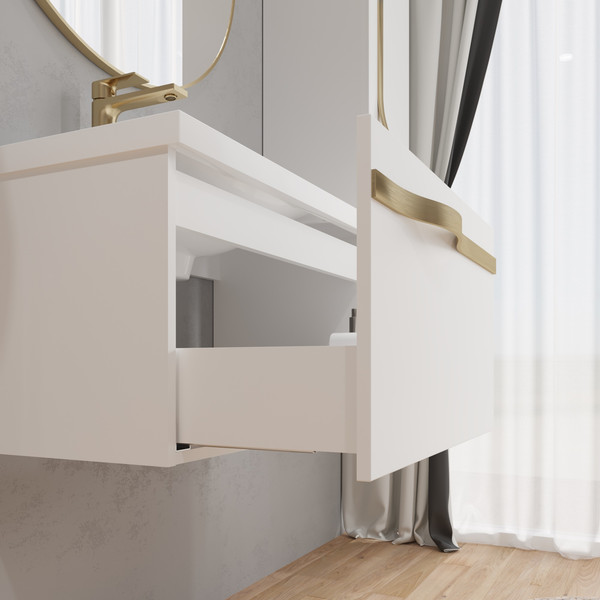 Изображение товара Тумба с умывальником Lauter Eva 69 (белый глянец/матовая золотая сталь/искусственный мрамор)