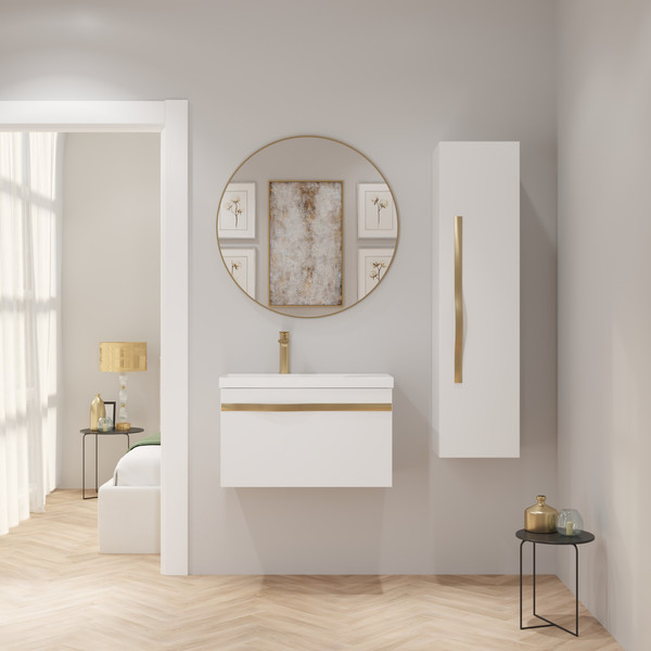 Изображение товара Тумба с умывальником Lauter Eva 69 (белый глянец/матовая золотая сталь/искусственный мрамор)