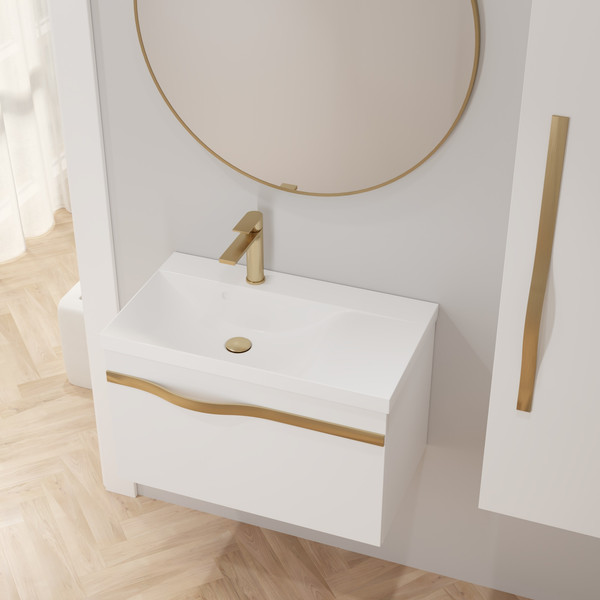 Изображение товара Тумба с умывальником Lauter Eva 69 (белый глянец/матовая золотая сталь/искусственный мрамор)