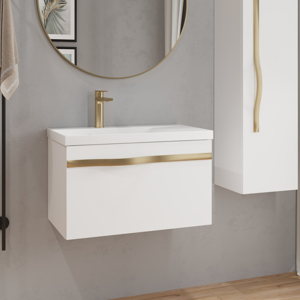 Изображение товара Тумба с умывальником Lauter Eva 69 (белый глянец/матовая золотая сталь/искусственный мрамор)