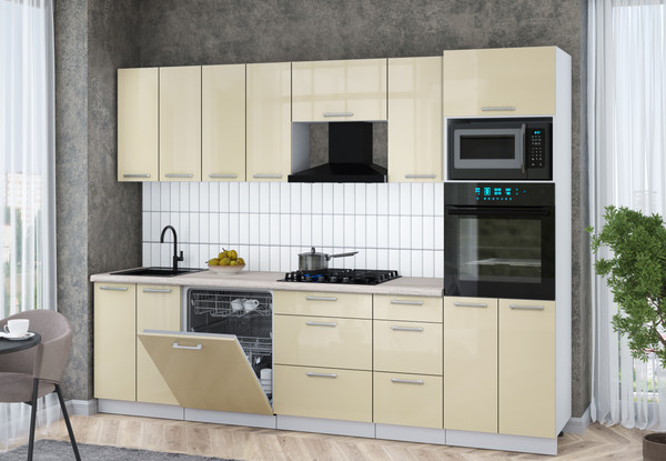 Изображение товара Кухонный гарнитур Интерлиния Мила Gloss 2.8-ПМ1 (ваниль глянец/ваниль глянец/травертин серый)