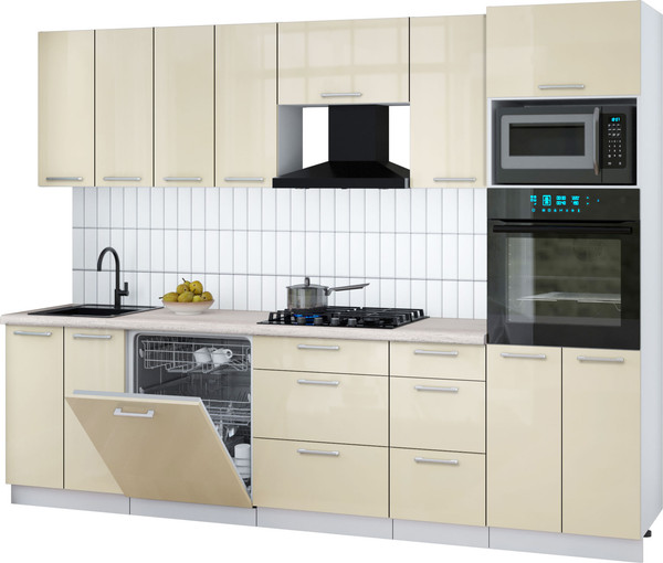 Изображение товара Кухонный гарнитур Интерлиния Мила Gloss 2.8-ПМ1 (ваниль глянец/ваниль глянец/травертин серый)