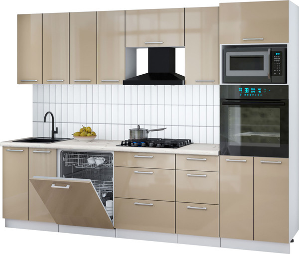 Изображение товара Кухонный гарнитур Интерлиния Мила Gloss 2.8-ПМ1 (капучино глянец/капучино глянец/бискайская сосна)