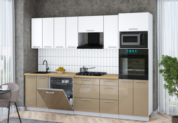 Изображение товара Кухонный гарнитур Интерлиния Мила Gloss 2.8-ПМ1 (капучино глянец/белый/дуб бунратти)