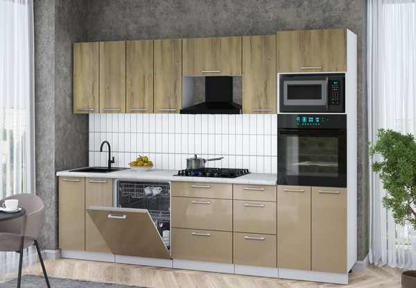 Изображение товара Кухонный гарнитур Интерлиния Мила Gloss 2.8-ПМ1 (капучино глянец/дуб вотан/серый каспий)