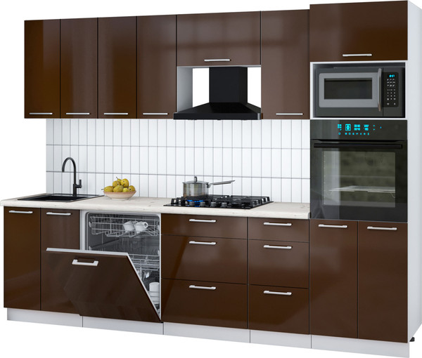 Изображение товара Кухонный гарнитур Интерлиния Мила Gloss 2.8-ПМ1 (шоколад глянец/шоколад глянец/бискайская сосна)