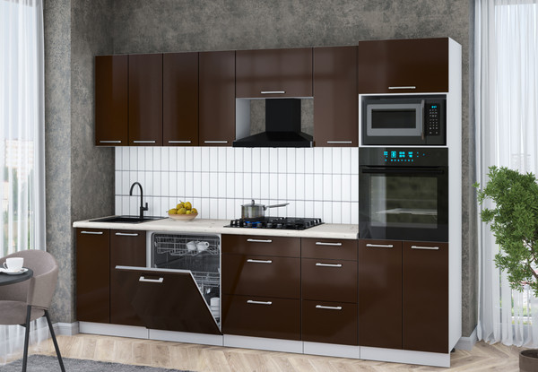 Изображение товара Кухонный гарнитур Интерлиния Мила Gloss 2.8-ПМ1 (шоколад глянец/шоколад глянец/бискайская сосна)