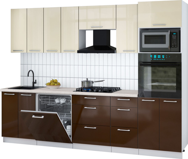 Изображение товара Кухонный гарнитур Интерлиния Мила Gloss 2.8-ПМ1 (шоколад глянец/ваниль глянец/травертин серый)