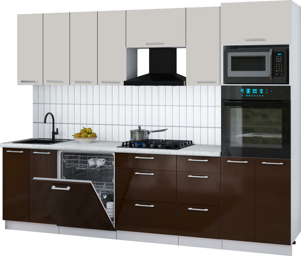 Изображение товара Кухонный гарнитур Интерлиния Мила Gloss 2.8-ПМ1 (шоколад глянец/кашемир/серый каспий)