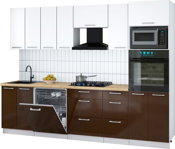 Изображение товара Кухонный гарнитур Интерлиния Мила Gloss 2.8-ПМ1 (шоколад глянец/белый/дуб бунратти)
