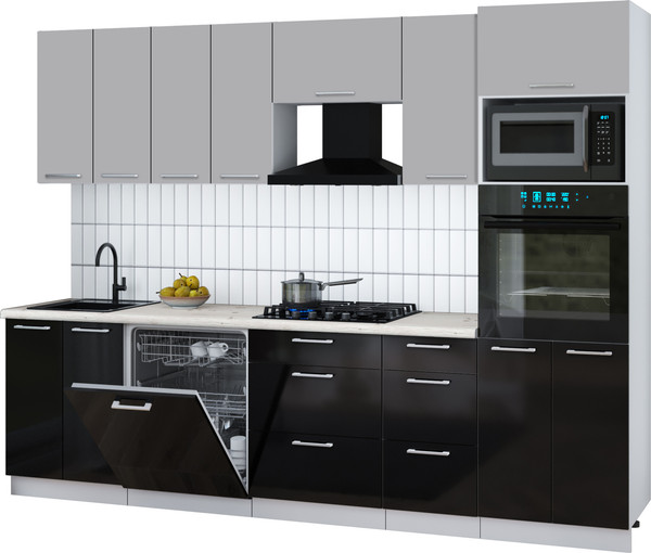 Изображение товара Кухонный гарнитур Интерлиния Мила Gloss 2.8-ПМ1 (черный глянец/грей/бискайская сосна)