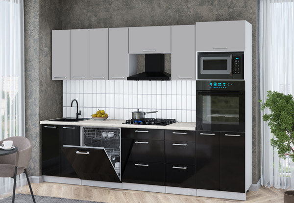 Изображение товара Кухонный гарнитур Интерлиния Мила Gloss 2.8-ПМ1 (черный глянец/грей/бискайская сосна)