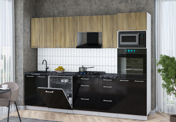 Изображение товара Кухонный гарнитур Интерлиния Мила Gloss 2.8-ПМ1 (черный глянец/дуб вотан/кастилло темный)