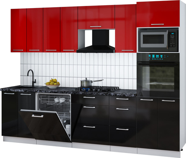 Изображение товара Кухонный гарнитур Интерлиния Мила Gloss 2.8-ПМ1 (черный глянец/красный глянец/кастилло темный)