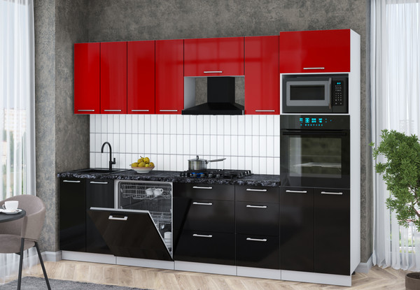 Изображение товара Кухонный гарнитур Интерлиния Мила Gloss 2.8-ПМ1 (черный глянец/красный глянец/кастилло темный)