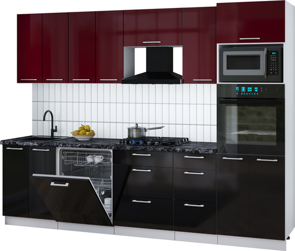 Изображение товара Кухонный гарнитур Интерлиния Мила Gloss 2.8-ПМ1 (черный глянец/бордовый глянец/кастилло темный)