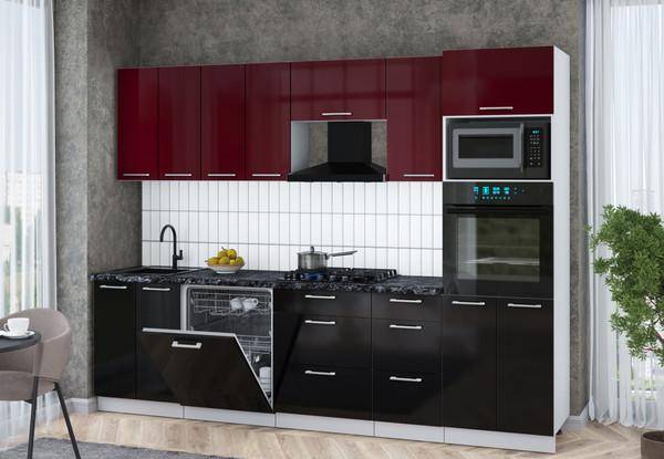 Изображение товара Кухонный гарнитур Интерлиния Мила Gloss 2.8-ПМ1 (черный глянец/бордовый глянец/кастилло темный)