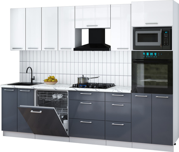 Изображение товара Кухонный гарнитур Интерлиния Мила Gloss 2.8-ПМ1 (асфальт глянец/белый глянец/белый гранит)
