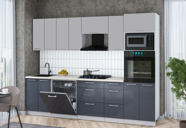 Изображение товара Кухонный гарнитур Интерлиния Мила Gloss 2.8-ПМ1 (асфальт глянец/грей/бискайская сосна)