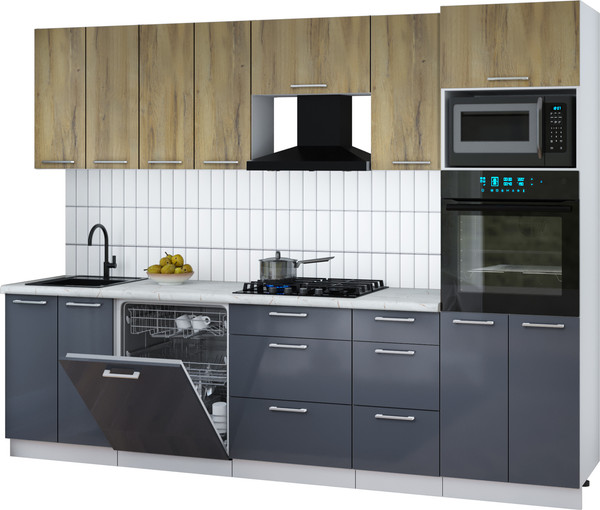 Изображение товара Кухонный гарнитур Интерлиния Мила Gloss 2.8-ПМ1 (асфальт глянец/дуб вотан/серый каспий)