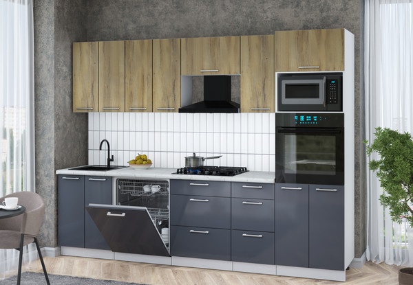 Изображение товара Кухонный гарнитур Интерлиния Мила Gloss 2.8-ПМ1 (асфальт глянец/дуб вотан/серый каспий)