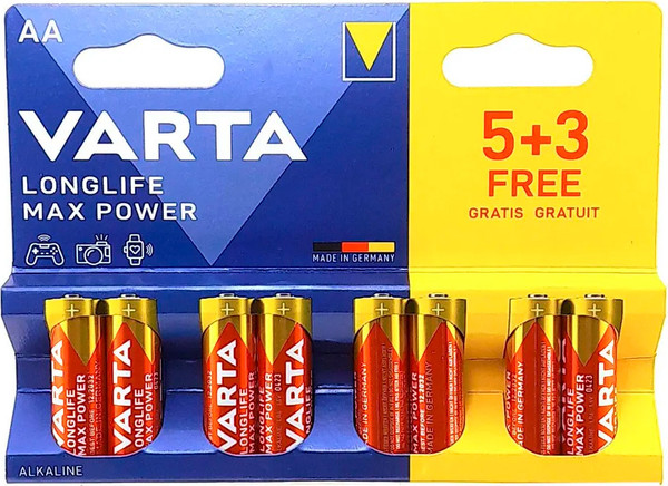 Изображение товара Комплект батареек Varta Longlife Max Power AA LR6 Alkaline BL5+3 / 4706101428