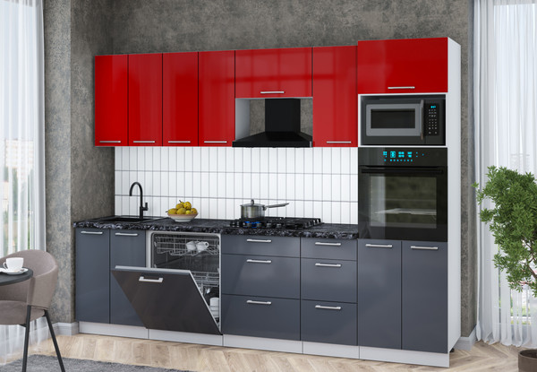 Изображение товара Кухонный гарнитур Интерлиния Мила Gloss 2.8-ПМ1 (асфальт глянец/красный глянец/кастилло темный)