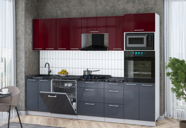 Изображение товара Кухонный гарнитур Интерлиния Мила Gloss 2.8-ПМ1 (асфальт глянец/бордовый глянец/кастилло темный)