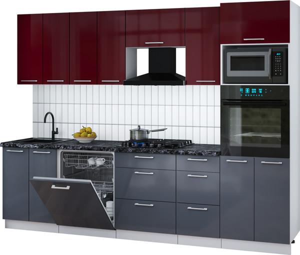 Изображение товара Кухонный гарнитур Интерлиния Мила Gloss 2.8-ПМ1 (асфальт глянец/бордовый глянец/кастилло темный)
