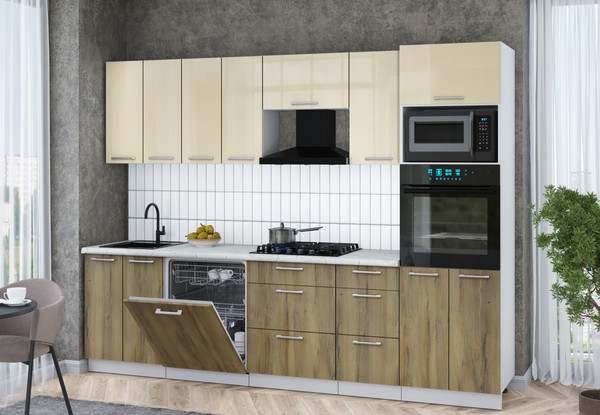 Изображение товара Кухонный гарнитур Интерлиния Мила Gloss 2.8-ПМ1 (дуб вотан/ваниль глянец/серый каспий)