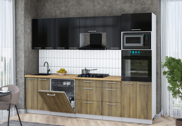 Изображение товара Кухонный гарнитур Интерлиния Мила Gloss 2.8-ПМ1 (дуб вотан/черный глянец/дуб бунратти)