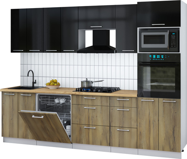 Изображение товара Кухонный гарнитур Интерлиния Мила Gloss 2.8-ПМ1 (дуб вотан/черный глянец/дуб бунратти)