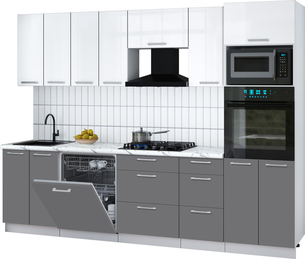 Изображение товара Кухонный гарнитур Интерлиния Мила Gloss 2.8-ПМ1 (серый/белый глянец/белый гранит)